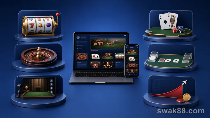 Six online gambling formats arranged around laptop and mobile screens