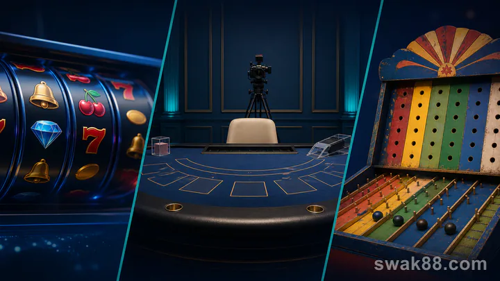 Slot reels, a live table, and a perya-style drop game shown as three distinct formats