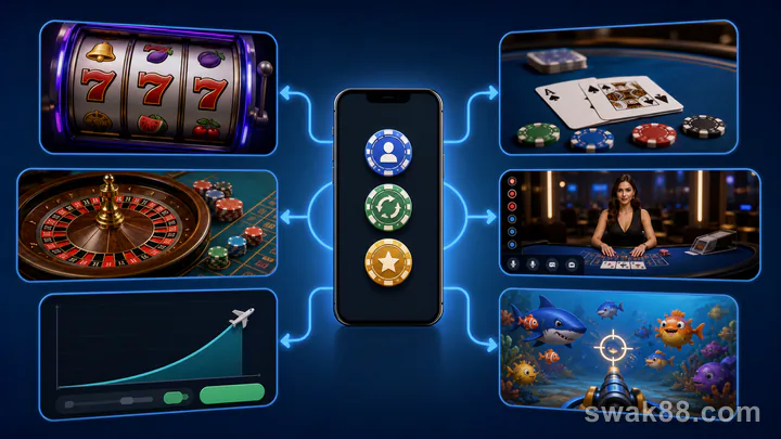 Six casino game formats connected to one mobile session