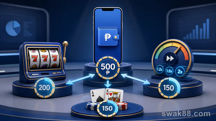 A 500-peso mobile wallet divided among slots, baccarat, and fast games